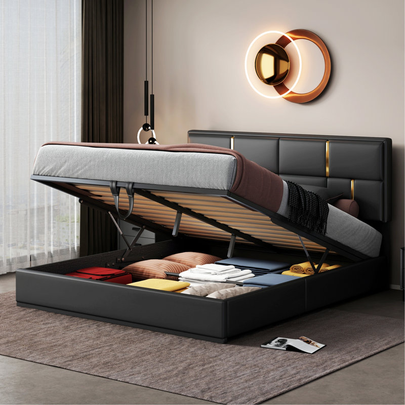 Cadre de lit moderne pour chambre à coucher, chambre d'amis, lit plateforme tapissier 1Pc avec système de rangement hydraulique