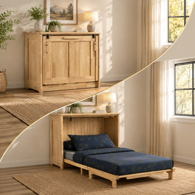 Armoire-lit simple avec matelas en mousse à mémoire de forme Night & Day Furniture, fabrication en bois franc massif, naturel