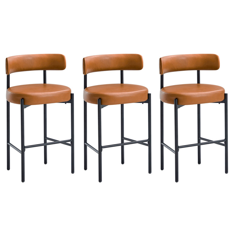 Tabouret de bar moderne en similicuir 30 po avec dossier bas incurvé et structure en métal, Brun whisky, 3