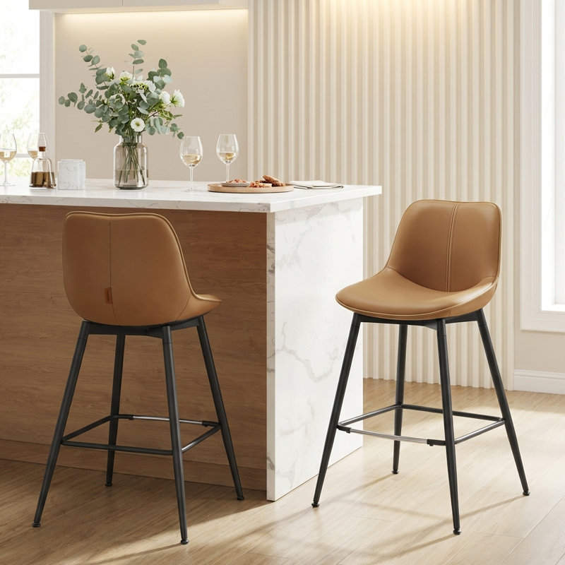 Borna 17.7''W x 15.7''D Mid-Century Faux Leather Bar Stools/ Counter Stools with Steel Frame & Footrest, Caramel Brown