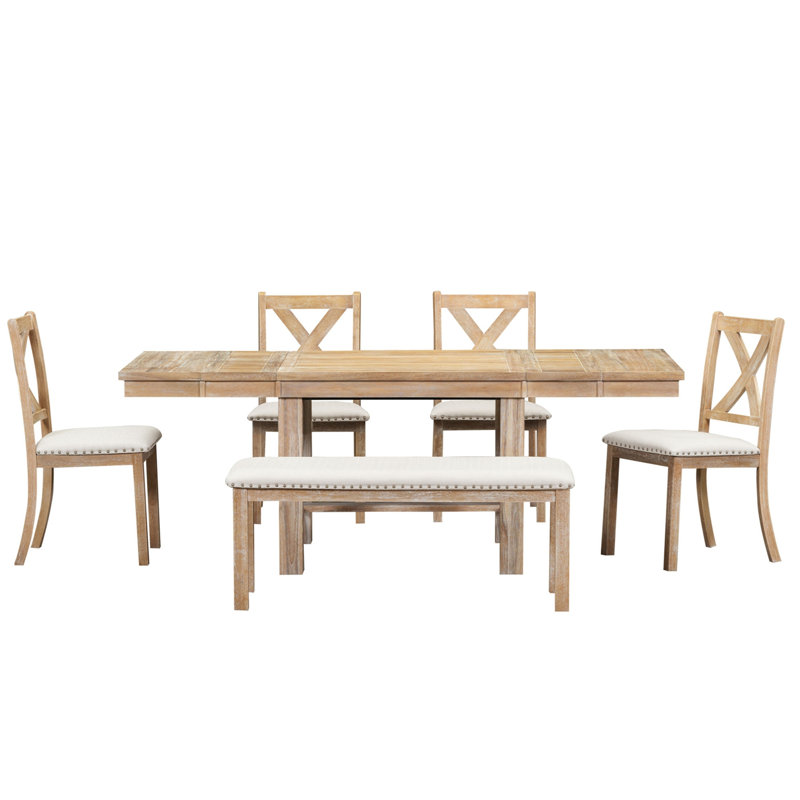 Table de salle à manger extensible Farmhouse avec repose-pieds, 4 chaises rembourrées et banc, 2 rallonges amovibles, Naturel