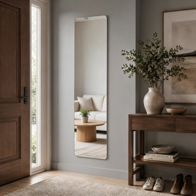 56 x 15 Inch Frameless Rounded Full Length Wall Mirror 5 mm High Definition Silver Glass Safety Backing Three Installation Options