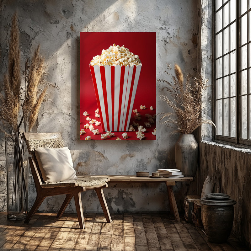 La toile crée une image en gros plan éclatante d'une boîte à popcorn rayée classique avec un popcorn blanc moelleux posé sur une toile