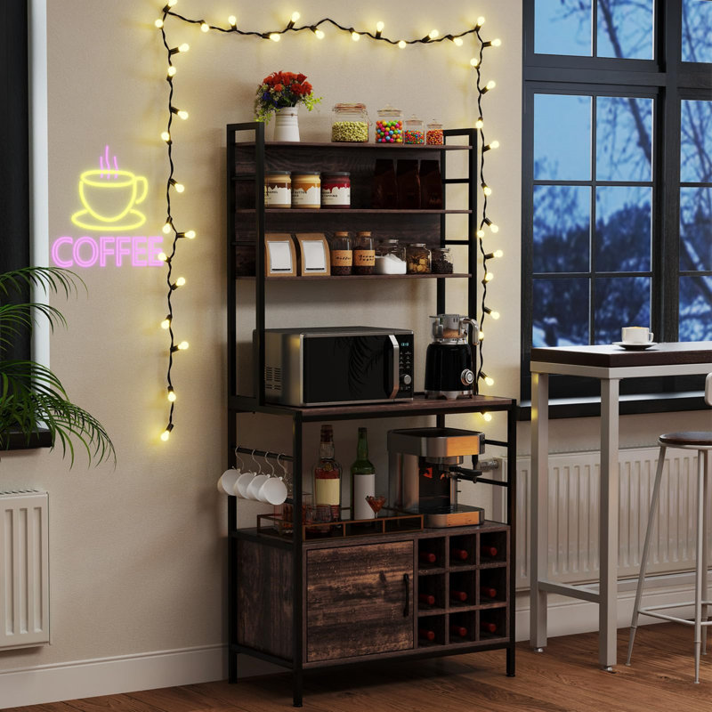 Baker’S Rack With Power Outlet, Metal Frame Microwave Stand With Wine Rack, Rustic Brown