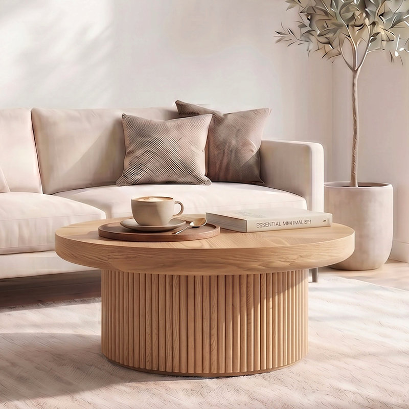 Table basse 33,5 po ronde cannelée avec plateau en bois véritable et base cylindrique, plateau de table épaissi, table basse Mid-Century moderne pour salon, petit espace