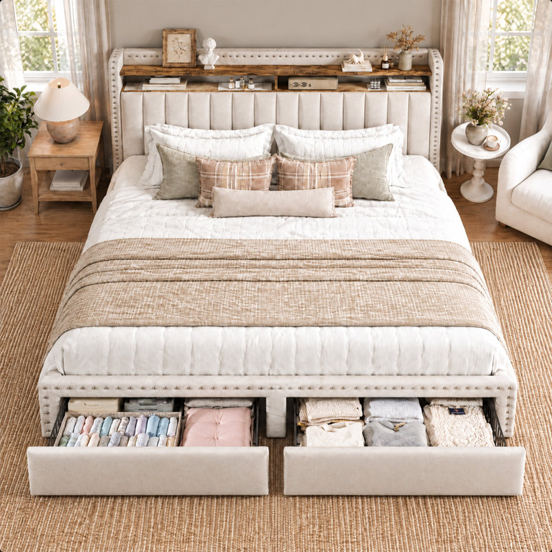 Cadre de lit Francille King Size capitonné avec décor à rivets, 2 tiroirs sous le lit, tête de lit à 2 niveaux avec poches latérales, sommier non requis