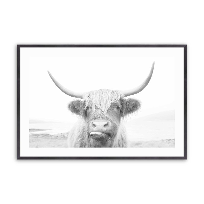 Imprimé de vache Highland ludique, H 17,25 po x l 21,25 po x P 1,25 po, Cadre en zinc patiné