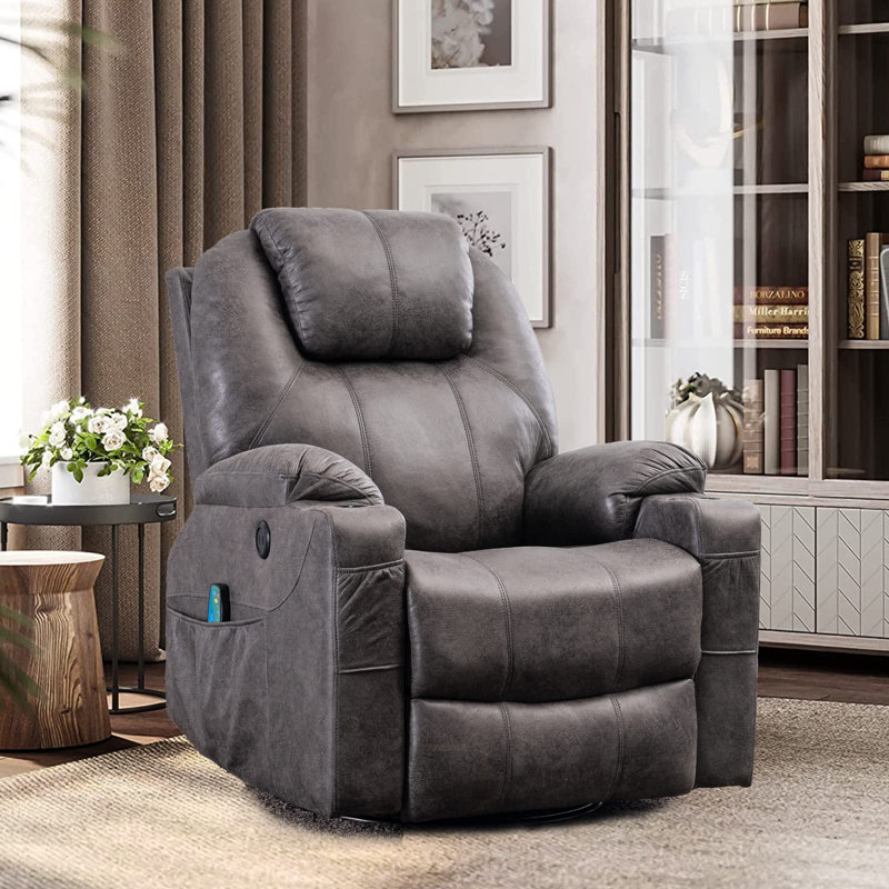 Fauteuil inclinable pivotant manuel en similicuir de 35 po de large Deauna, Gris (suède bronzé)
