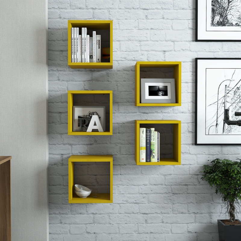 Tioga 5 Piece Square Cube Shelf with Adjustable Shelves, Yellow