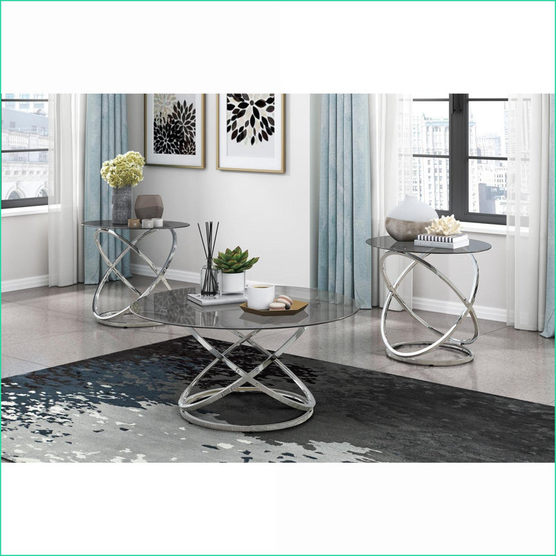 Ensemble de tables basses 3 pièces Modern avec plateau en verre trempé noir Base en métal chromé pour le salon, facile à nettoyer