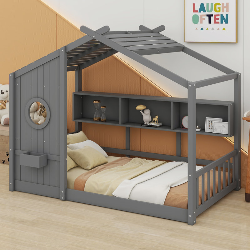 Lit sur pied avec tablette de rangement, gris, Lit simple