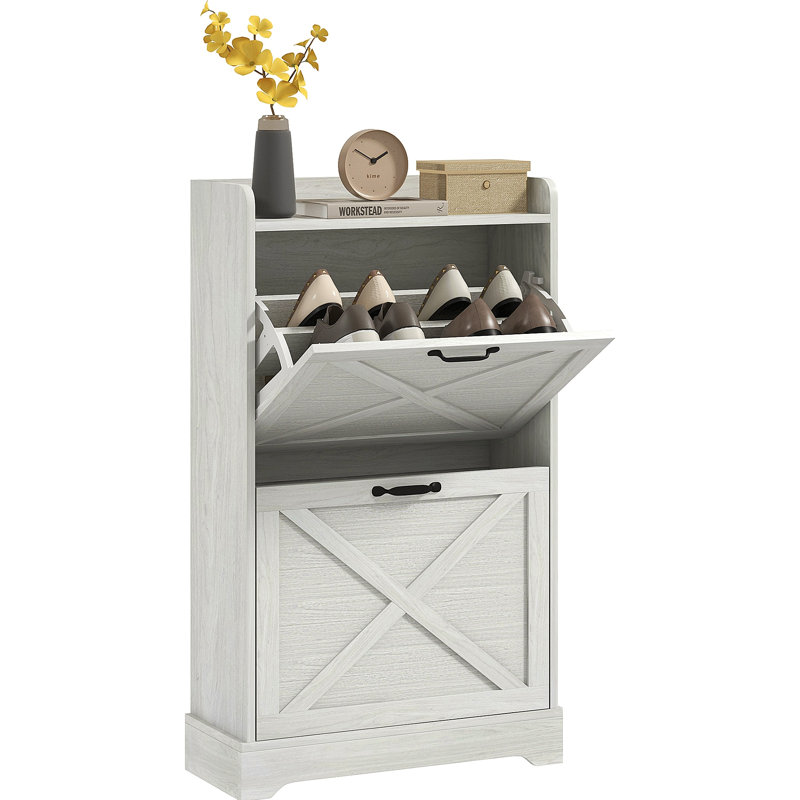 Slim Shoe Cabinet For Entryway, Farmhouse Hidden Shoe Storage Cabinet With 2 Flip Drawers And Adjustable Shelves For 8 Pairs Of Shoes