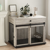 39"L Wooden Large Dog Crate Furniture With Sliding Door, Side Door & Rotating Bowls, Drawer Storage