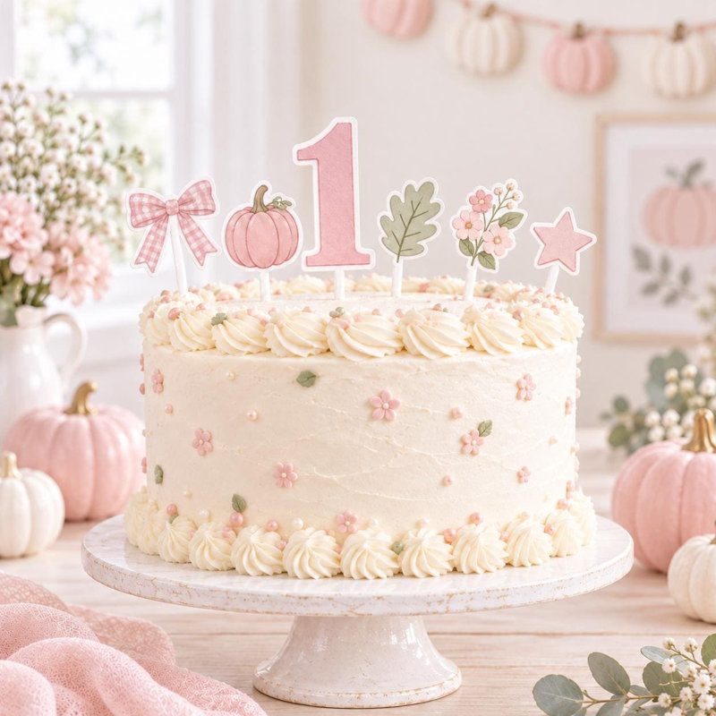 Custom Age Pink Pumpkin Cake Topper Set, Fall Birthday Cardstock Decorations (Age: 5), 5