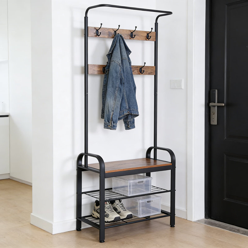 Organisateur de vestibule 3 en 1 avec portemanteau, banc à chaussures et tablette de rangement | Structure en métal durable et conception d'aspect bois pour un assemblage facile