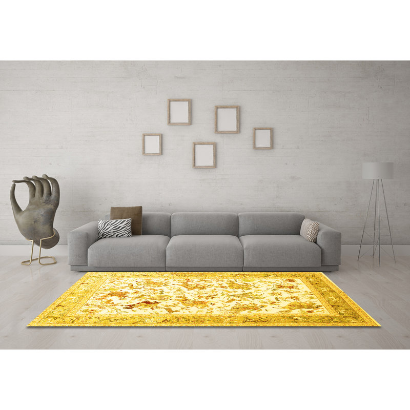 Tapis traditionnels jaunes lavables à la machine 117, Carré 5 pi