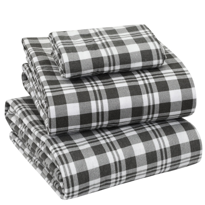 Colyt 100% Cotton Flannel Sheet Set, Twin Sheet Case Pack+Fitted Sheet + 2 Pillowcase, Grey Plaid