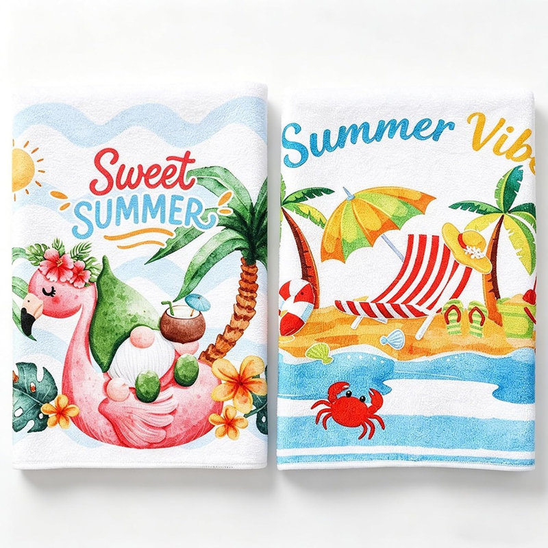 Ensemble de 2 serviettes de cuisine d'été - Essuie-mains à séchage rapide en microfibre Flamingo & Beach