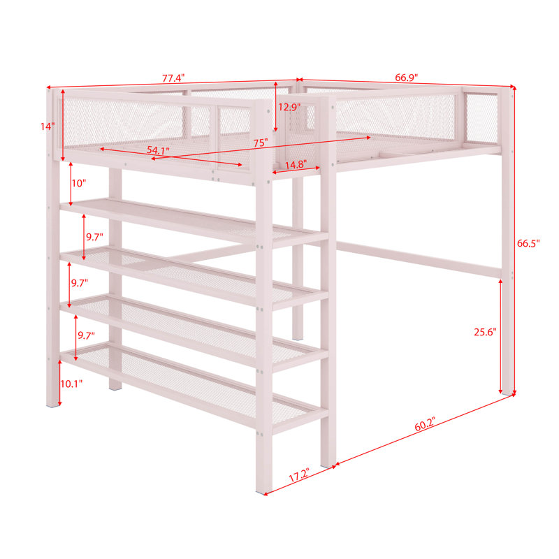 Metal Loft Bed with 4-Tier Shelves and Storage, Full, Pink