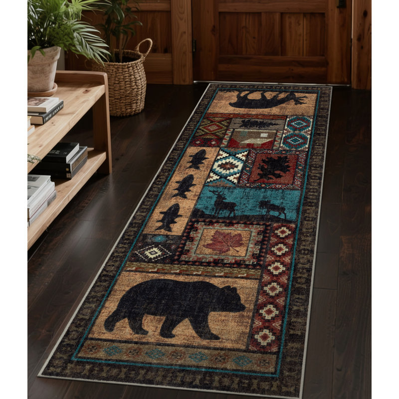 Rustic Lodge Cabin Machine Washable Area Rug with Wildlife Motifs, Runner 2' x 6'