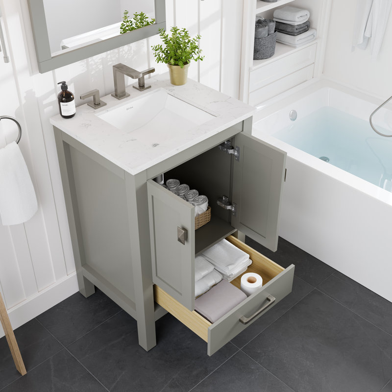 Minnich 24"W x 22"D Bathroom Vanity with Undermount Porcelain Sink, Quartz - White Carrara, Gray