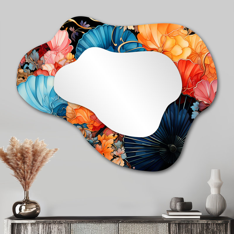 Japon Art Kimonos And Fans II - Japan Art Cloud Decorative Wall Mirror, Global Asymmetrical Mirror, Printed Metal Art