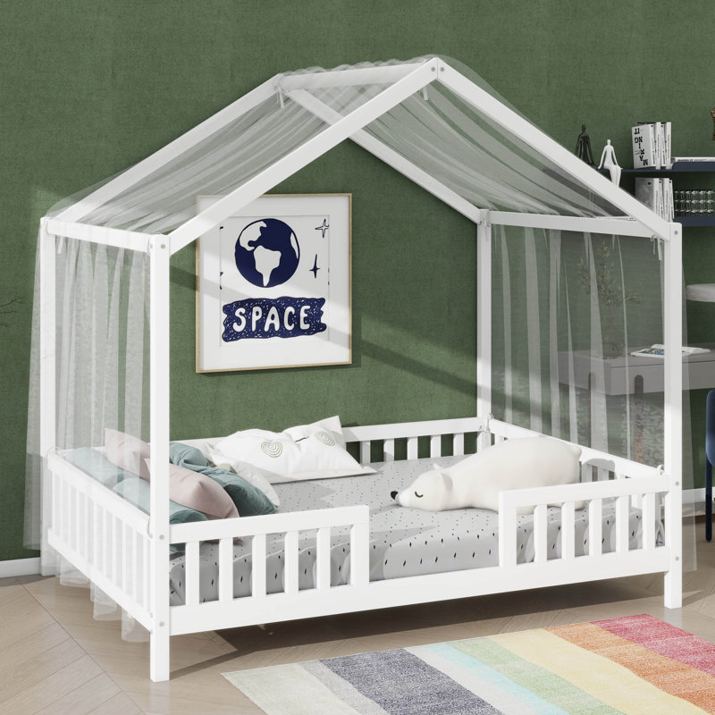 Lit pour enfant avec baldaquin, cadre de lit double en forme de maison pour enfants, lit pour tout-petits à haut bord pour enfants Montessori