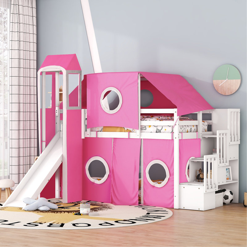 Lit mezzanine simple avec tente et tour - rose