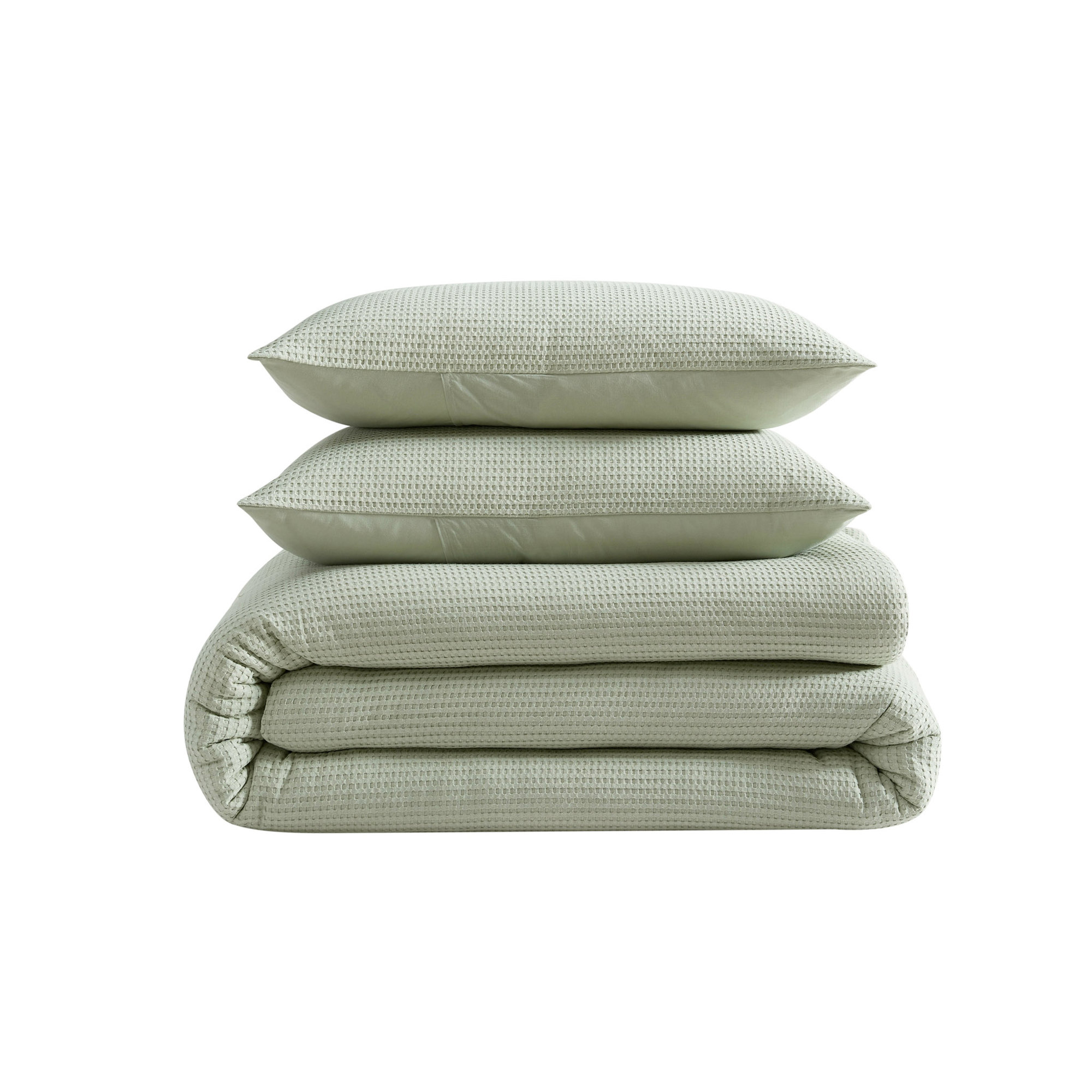 Cotton Waffle Duvet 3 Pc , Green, Queen Duvet Cover + 2 Queen Shams