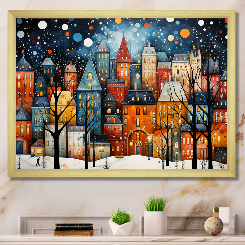 Orange orange Village Art déco - Art mural déco ville, Cadre doré à coins fermés, H 24 po x l 32 po x P 1 po