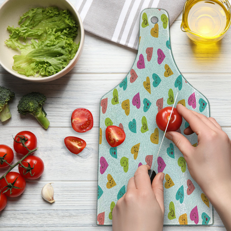Ambesonne Hearts Tempered Glass Cutting Board Smiling Pattern Funny Design Multicolor