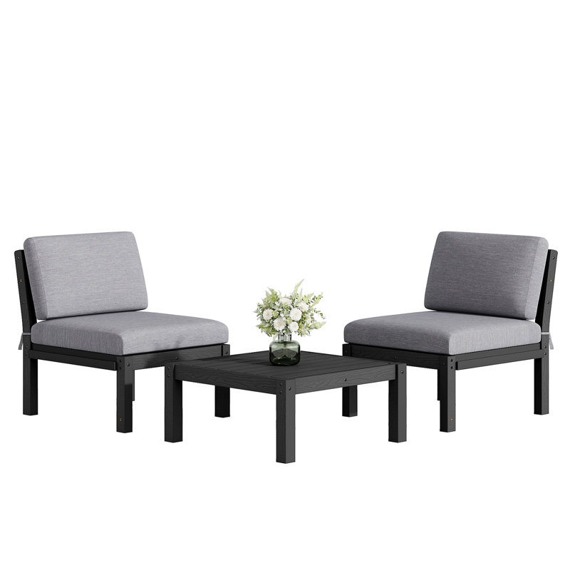 2-Person Outdoor Seating Group, HIPS Armless Chairs With Cushions And Side Table, Black, Black, 3 Pcs: Table, 2 Chairs