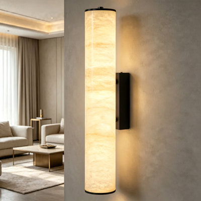 Applique murale cylindrique 19,7 po à DEL moderne en albâtre naturel à intensité variable avec support en laiton