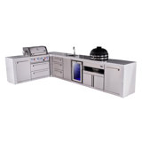 Mont Alpi Premium 4-burner 82"x146" L-shaped Deluxe Stainless Steel Modular Outdoor Kitchen Island Bbq Gas Grill + Beverage Center Faucet & Sink + Refrigerator + Kamado + Storage Drawers And Cabinets
