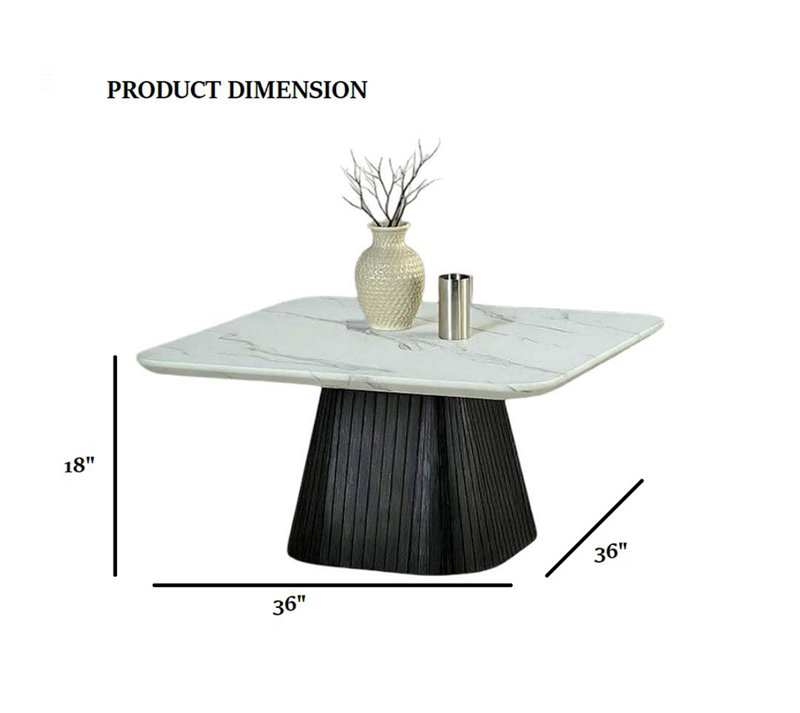 Table basse carrée de style contemporain avec plateau en faux marbre et base en tambour