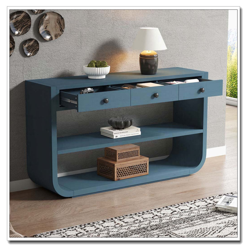 Console moderne avec 3 tiroirs à fermeture en douceur et 2 tablettes ouvertes, Bleu