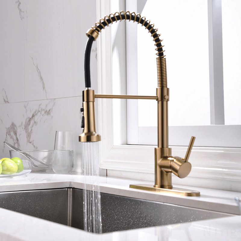 Robinet d'évier de cuisine à poignée simple avec douchette rétractable et plaque de pont