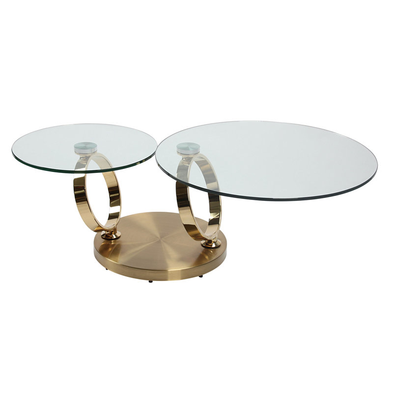 32" Clear And Gold Glass And Metal Round Abstract Coffee Table