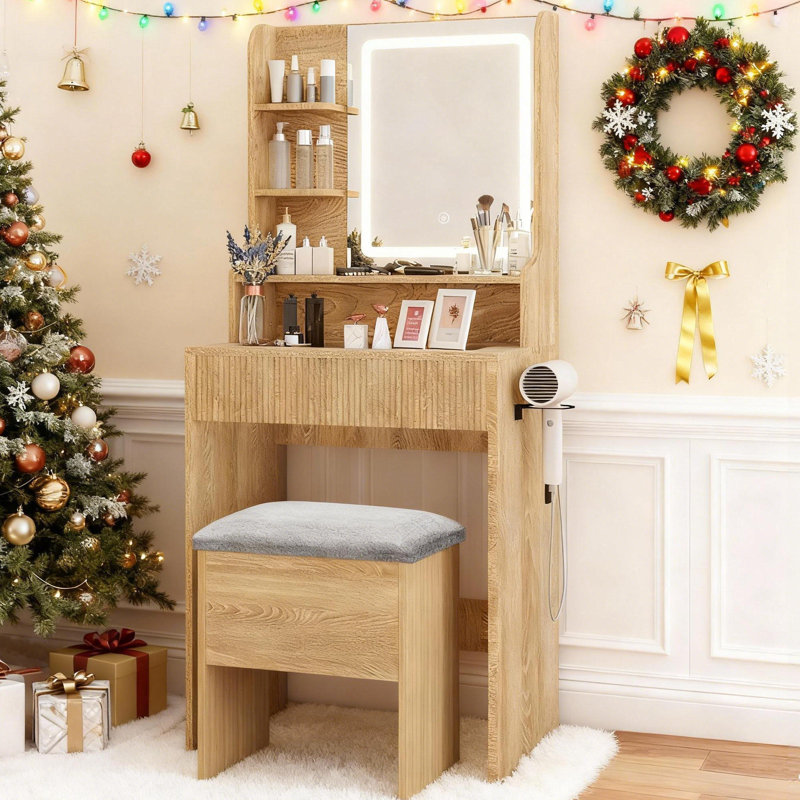 Dressing Table With Charging, Led Lighted Mirror Makeup Vanity With Storage Stool, Glass Tabletop, Orange