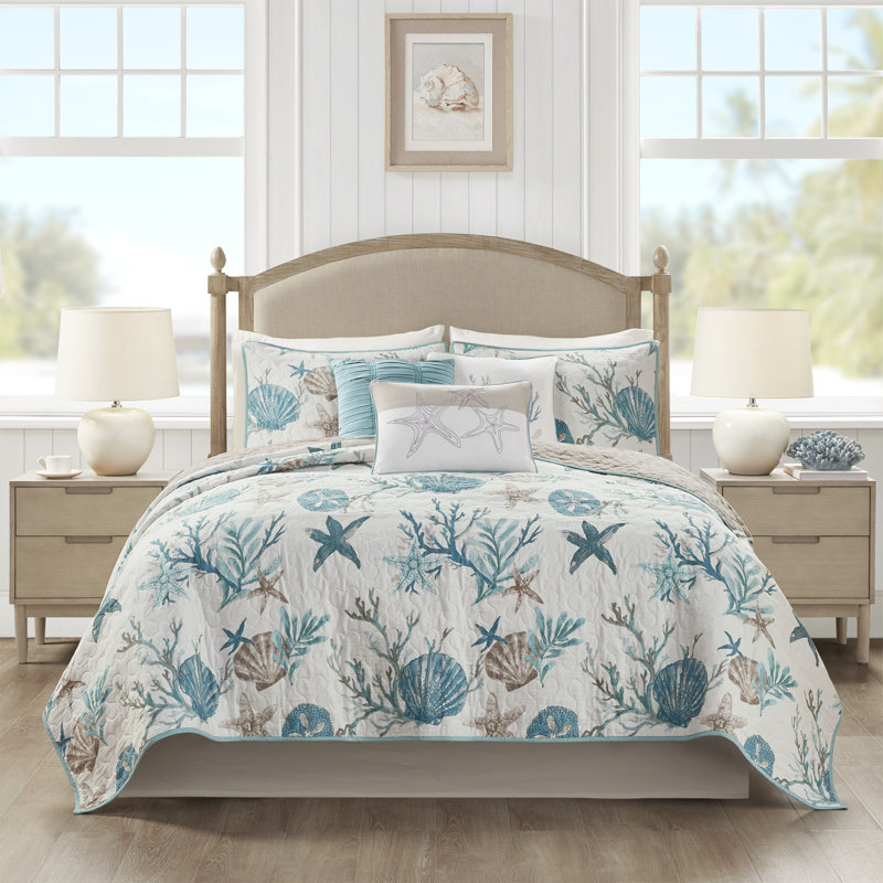 Pebble Beach Cotton Sateen 210 TC Reversible 6 Piece Quilt Set with Throw Pillows, Full/Queen +2 Standard Sham+3 Throw Pillow