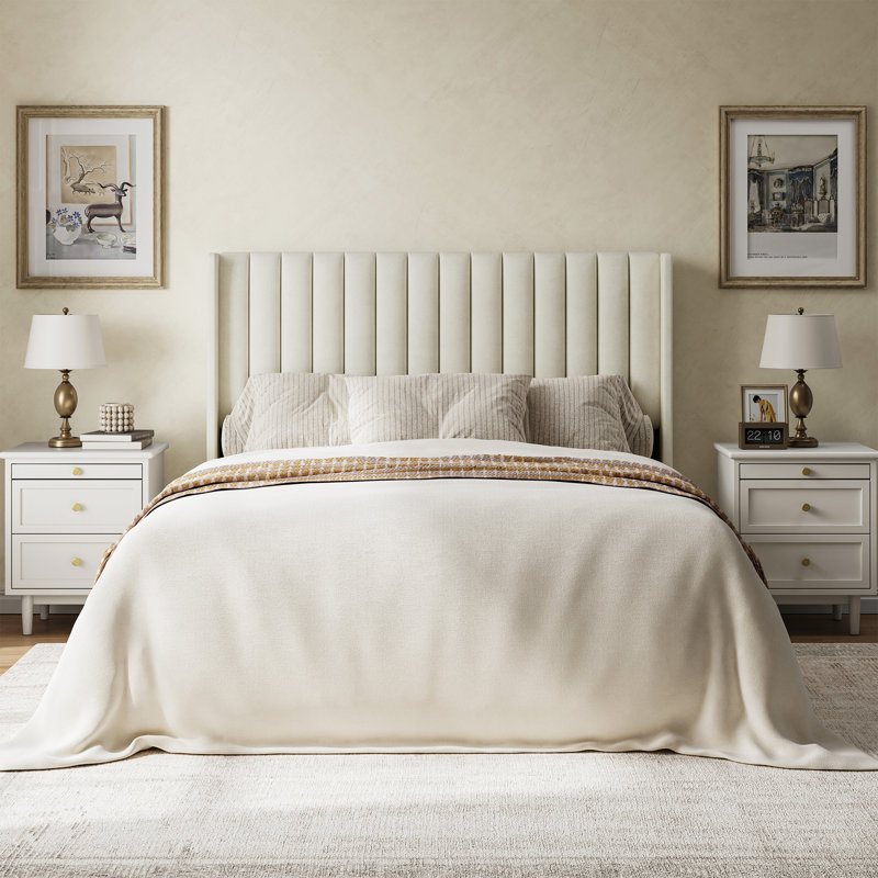 Avelyn Upholstered Platform Bed Frame with Vertical Channel Tufted Wingback Headboard, Beige, Full