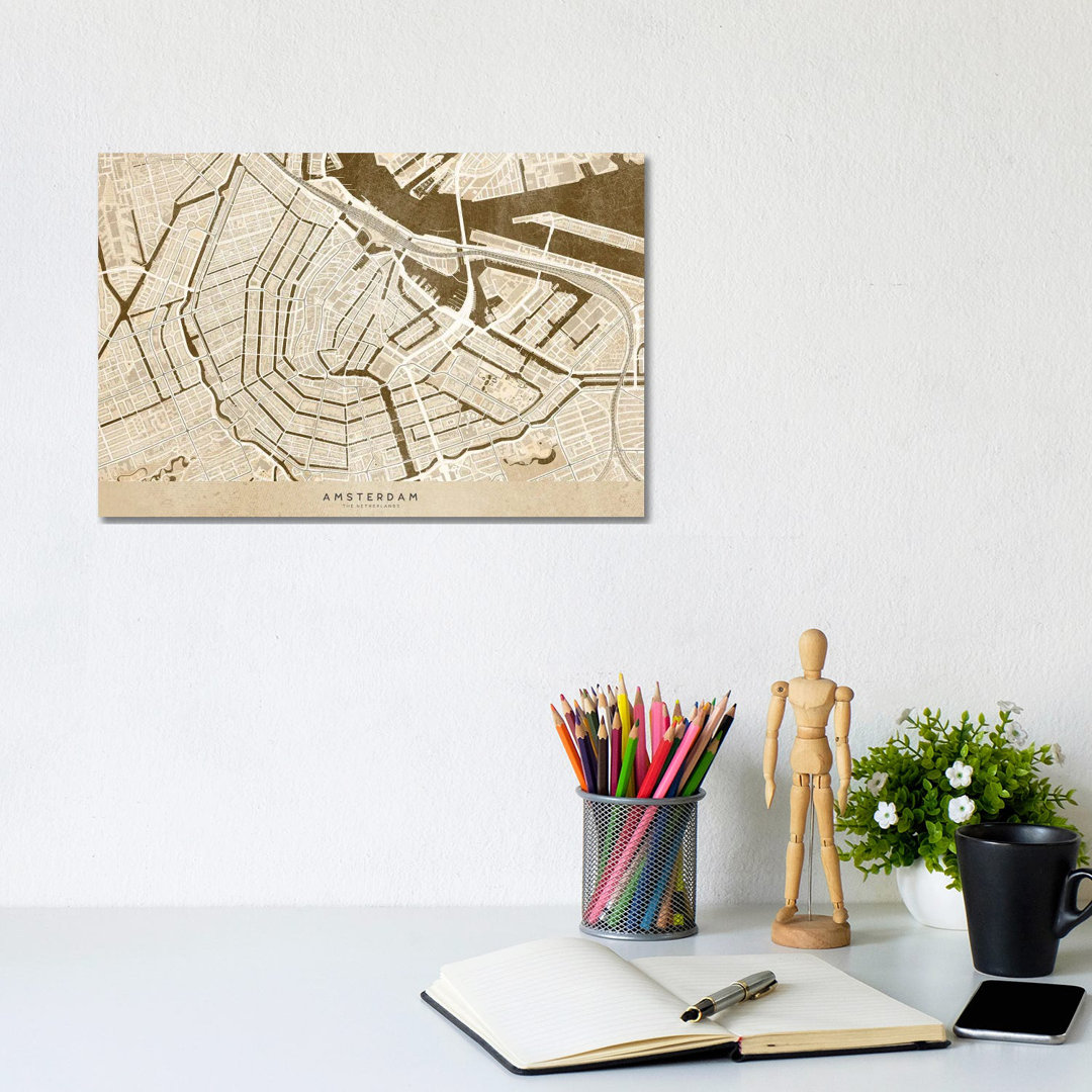 Sepia Vintage Map Of Amsterdam von Blursbyai - Galerie-verpackte Leinwand Giclée