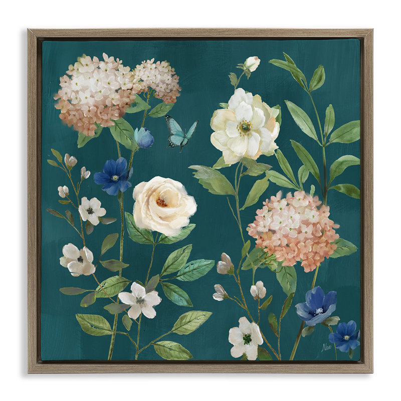 Bright Garden Blooms sur cadre flottant vert, design par Nan, H 18 po x l 18 po, Cadre flottant orme Montalcino