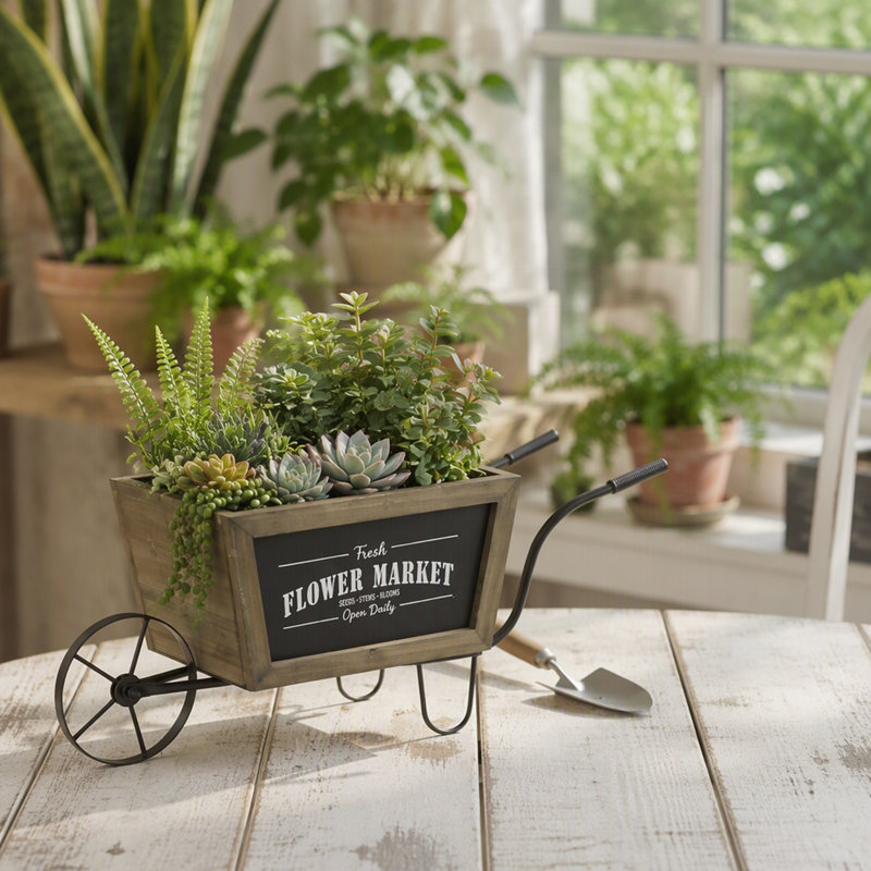 19.5x7.9x8.3" Wooden Wheelbarrow Planter with Iron Frame