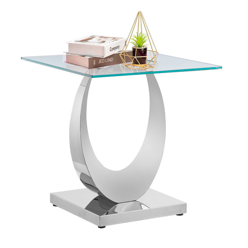 Luxury Square End Table, 22.8" Sofa Side Table with Moon-Shape Stainless Steel Frame and Clear Glass Top, Cocktail Tea Table, Modern Glass End Table for Home Office