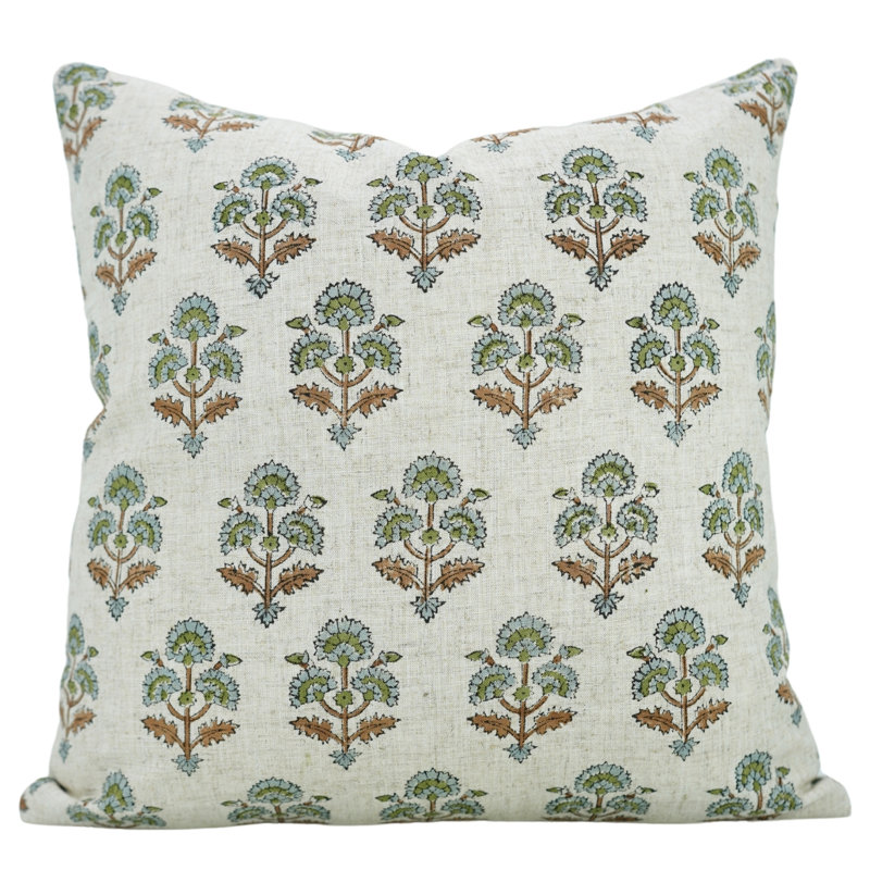 Coussin décoratif en lin imprimé à la main Fabividine, Carré, Bleu floral 3, H 14 po x l 14 po