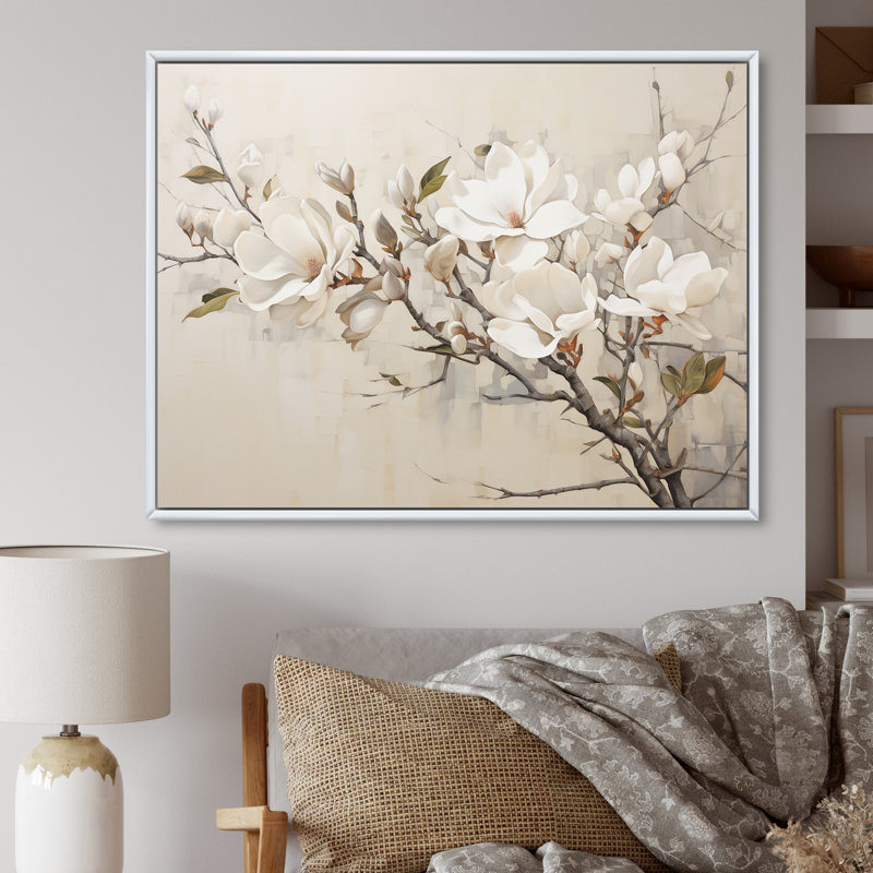 Beige de Magnolias «Dreamy» - art mural encadré Magnolias, H 12 po x l 20 po x P 1 po, Cadre flottant blanc