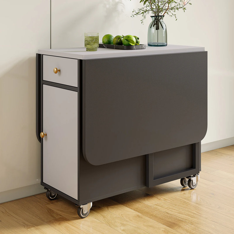 Petite table de salle à manger rectangulaire moderne pliante blanche et noire 17,7 "-53,6" avec rangement sur roulettes