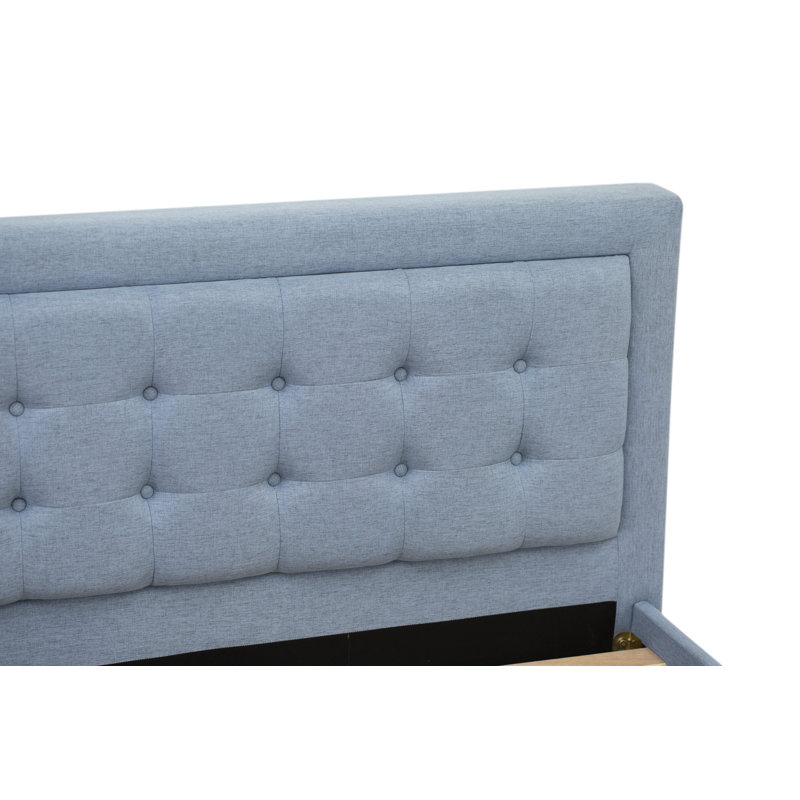 Ensemble de lit plateforme 3 pièces avec 1 lit Mid Century et 2 petites tables de chevet - Fabrication fiable et durable - Tissu en lin bleu denim
