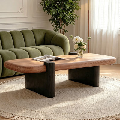 51" Walnut Rounded Rectangular Mid-Century Modern Coffee Table with Contrast Slab Legs